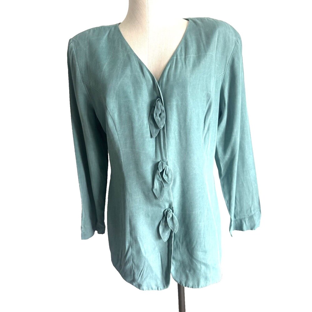 Vintage Green Blazer Shirt Jacket Bow Back Tie Belt Michael Blair Size 16